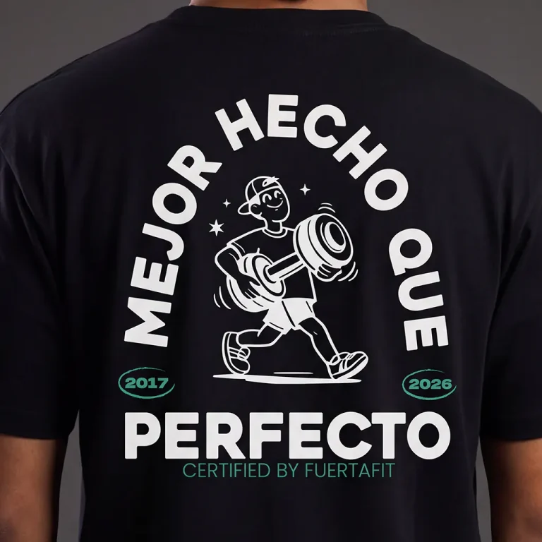 Detalle de la ilustración Mejor hecho que perfecto en la espalda de la camiseta negra