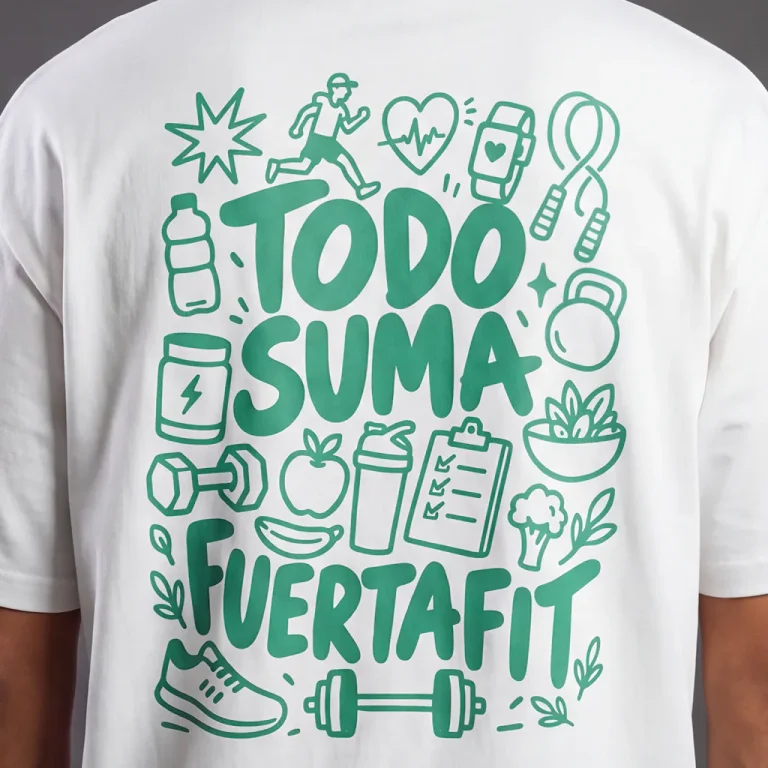 Detalle de la ilustración Todo suma en verde en la espalda de la camiseta blanca
